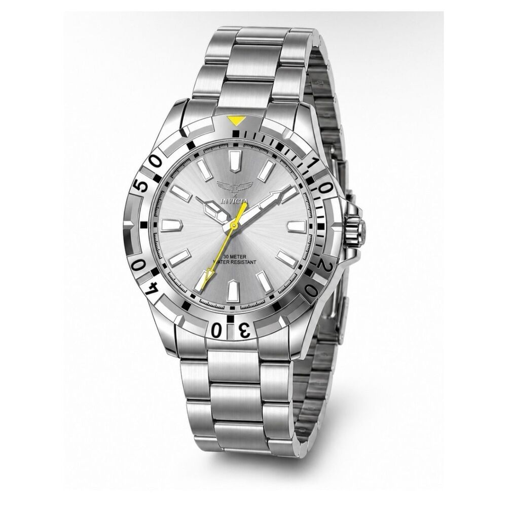 Invicta Silver Stainless Steel Men's Watch with Yellow Accents